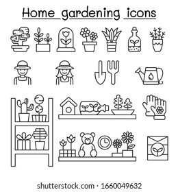 Home gardening icons set in thin line style