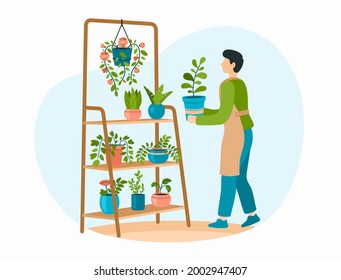 Home gardening. Male character take care to houseplants. Man in apron carefully puts flower in pot on rack. Hobby growing exotic plants. stand with collection of rare sprouts. Vector flat illustration