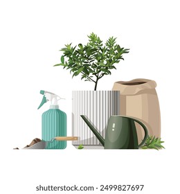 Home gardening. Planting, transplanting and caring for houseplants. Green plant in pot, watering can, sprayer, bag with soil, garden trowel with soil. Stock vector illustration for magazine, poster.