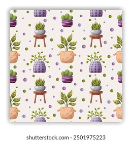 Home gardening seamless pattern with houseplants concept. Succulents, cactus and leafy plants in decorative pots. Perfect for wrapping paper, scrap-booking, product design. Vector illustration.