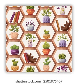 Home gardening seamless pattern with houseplants concept. Succulents, cactus and leafy plants in decorative pots. Perfect for wrapping paper, scrap-booking, product design. Vector illustration.