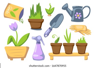 Home gardening set with plats in pots. Spring gardening vector clipart on white background. Garden hobby icon set or sticker pack. Home flower in pot, seed pack, gloves, watering can, sprayer, shovel