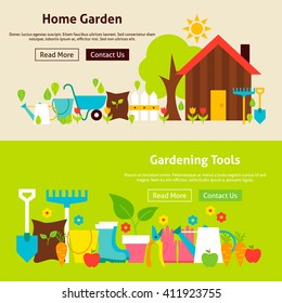 Home Gardening Tools Flat Website Banners Set. Vector Illustration for Website banner and landing page. Spring Garden Modern Design.