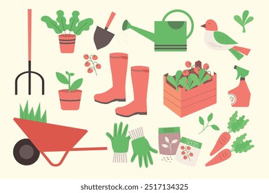 Home Gardening Tools and Plants Cartoon Botanical Design