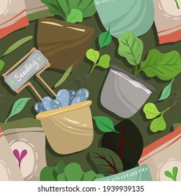 Home gardening vector illustration. Different seeds, seedlings. dark background, handmade seamless pattern,