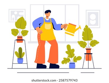 Home Gardening Vector Illustration featuring People Planting Gardens, Flowers, and Plants at Home and Outdoors in a Nature Concept Background