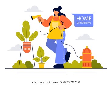 Home Gardening Vector Illustration featuring People Planting Gardens, Flowers, and Plants at Home and Outdoors in a Nature Concept Background