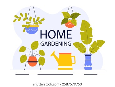 Home Gardening Vector Illustration featuring People Planting Gardens, Flowers, and Plants at Home and Outdoors in a Nature Concept Background