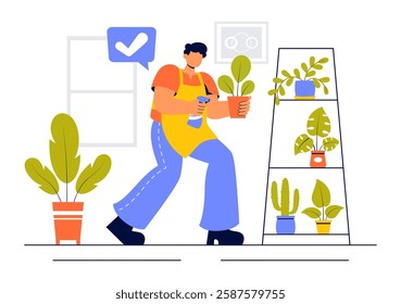 Home Gardening Vector Illustration featuring People Planting Gardens, Flowers, and Plants at Home and Outdoors in a Nature Concept Background