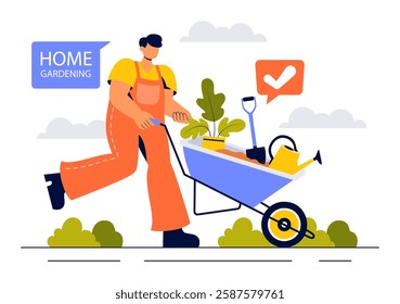 Home Gardening Vector Illustration featuring People Planting Gardens, Flowers, and Plants at Home and Outdoors in a Nature Concept Background