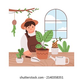 home gardening. Woman growing and caring for plants at home. Hobbies at home vector illustration.