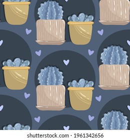 Home gardening.Vector illustration. Cacti, dark background, seamless pattern, handmade
