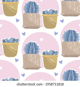 Home gardening.Vector illustration. Cacti, light  background, seamless pattern, handmade