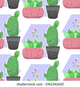 Home gardening.Vector illustration. Cacti, light  background, seamless pattern, handmade