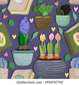 Home gardening.Vector illustration. Different books about plants, flowers and succulents potted, handmade, dark background, seamless pattern