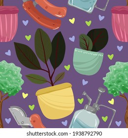 Home gardening.Vector illustration. Different ficuses, handmade, dark  background, seamless pattern