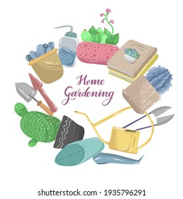 Home gardening.Vector illustration. Different garden tools. Succulent plant, handmade, postcard, print on t-shirt, stickers