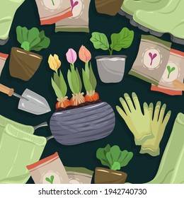 Home gardening.Vector illustration. Different houseplants, rubber boots, garden gloves, seeds, shovel. Handmade, dark background, seamless pattern