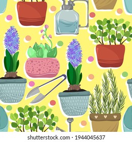 Home gardening.Vector illustration. Different houseplants and cacti. Handmade, yellow background, seamless pattern
