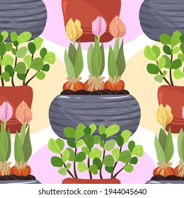 Home gardening.Vector illustration. Different houseplants. Handmade, light  background, seamless pattern