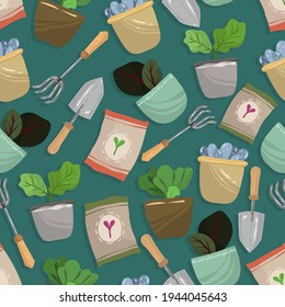 Home gardening.Vector illustration. Different houseplants, seeds for planting. Handmade, dark background, seamless pattern