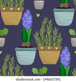 Home gardening.Vector illustration. Different houseplants. Handmade, dark  background, seamless pattern