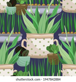 Home gardening.Vector illustration. Different houseplants. Handmade, dark background, seamless pattern