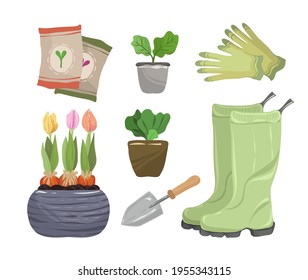 Home gardening.Vector illustration. Different houseplants, rubber boots, garden gloves, seeds, shovel. Handmade, stickers, print on t-shirt, postcard