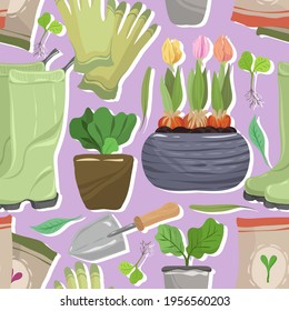 Home gardening.Vector illustration. Different houseplants, rubber boots, garden gloves, seeds, shovel. Handmade, purple  background, seamless pattern
