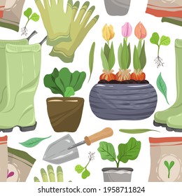 Home gardening.Vector illustration. Different houseplants, rubber boots, garden gloves, seeds, shovel. Handmade, light background, seamless pattern