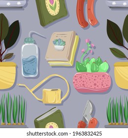 Home gardening.Vector illustration. Different houseplants, gardening books, watering can. Handmade, light blue  background, seamless pattern