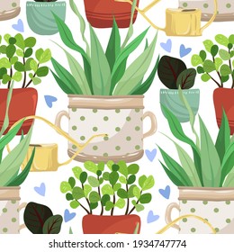 Home gardening.Vector illustration. Different home plants, watering can, handmade, light  background, seamless pattern