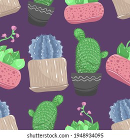 Home gardening.Vector illustration. Different succulents. Handmade, dark background, seamless pattern