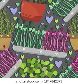 Home gardening.Vector illustration. Fragrant herbs, microgreens. Handmade, dark background, seamless pattern