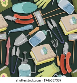 Home gardening.Vector illustration. Gardening tools. Handmade, dark background, seamless pattern