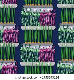 Home gardening.Vector illustration. Microgreen. Handmade, dark  background, seamless pattern