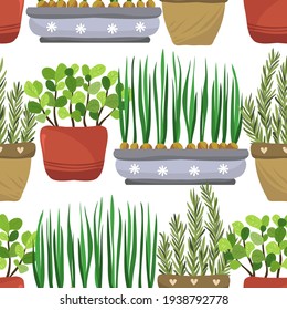 Home gardening.Vector illustration. Mint, rosemary, green onions, handmade, light background, seamless pattern