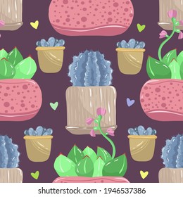 Home gardening.Vector illustration. Succulent plants. Handmade, dark  background, seamless pattern