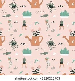 Home gardering agriculture equipments and accessories, seamless pattern. Summer activities and growing plants, texture template, plant in pot, tools for gardening. Garden tools. vector illustration