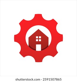 Home gear logo, symbolizing maintenance and efficiency. Ideal for home repair, smart home, or real estate services. Bold red color conveys strength and reliability. Simple and memorable design.