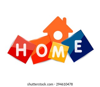 Home geometric banner design - squares with letters and house icon isolated on white