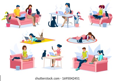 Home with girl working in isolation. Homes equipment to working home. Education on smart home for smart woman, homes digital work. Clothes for homes life isolated cartoon character vector illustration