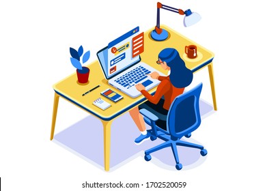 Home with girl working in isolation. Homes equipment to working home. Education on smart home for smart woman, homes digital work. Clothes for homes life isolated cartoon character vector illustration