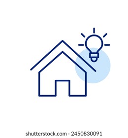Home and glowing light bulb. Creative design, smart solutions and innovations. Pixel perfect, editable stroke icon