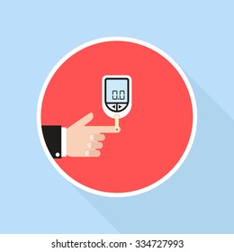 Home glucometer with hand in the circle. Concept of pharmacy, portable technology, measuring, analysis, hypoglycemic, glycemia. Flat vector illustration.