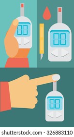 home glucometer with hand. concept of pharmacy, portable technology, measuring, analysis, hypoglycemic, glycemia.