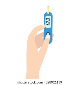 Home glucometer with hand. Flat stle vector illustration.