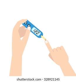 Home glucometer with hand. Flat stle vector illustration.