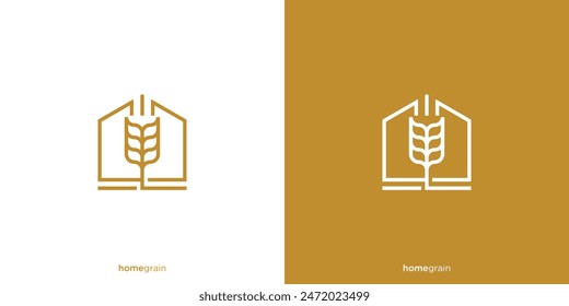 Home Grain Logo Design. Haus Weizen Getreide mit Linie Kunst Umriss Stil. Landwirtschafts- und Lebensmittellogo, Symbol, Symbol, Vektorgrafik, Design-Vorlage.