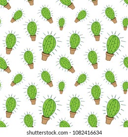 home green cactus in brown pot in doodle style, flat cartoon colors, seamless pattern isolated on white background, stock vector illustration